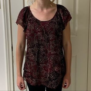 🌷3 for$25🌷Denver Hayes, US M, Maroon & Green Floral Layered Short Sleeve Top